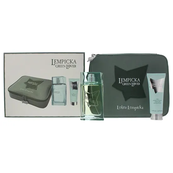 Lolita Lempicka Green Lover Gift Set 100ml Eau De Toilette + 75ml Aftershave Balm + Pouch