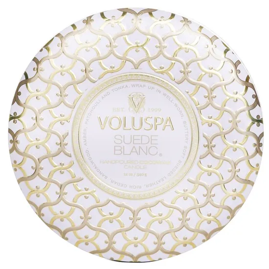VOLUSPA 3 Wick Decorative Tin Candle Suede Blanc