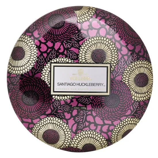 VOLUSPA 3 Wick Decorative Tin Candle Santiago Huckleberry