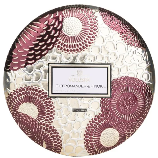 VOLUSPA 3 Wick Decorative Tin Candle Gilt Pomander & Hinoki