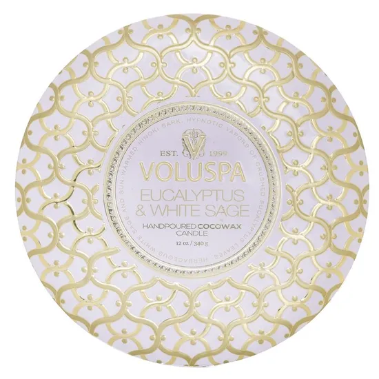 VOLUSPA 3 Wick Decorative Tin Candle Eucalyptus & White Sage