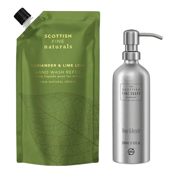 Scottish Fine Soaps Naturals Coriander & Lime Leaf Hand Wash Pouch & Refillable Aluminium Bottle 500ml With Pump Duo