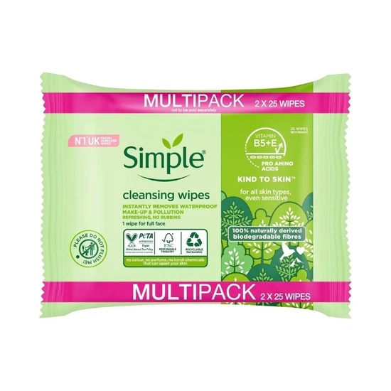 Simple Kind to Skin Cleansing Face Wipes, Twin Pack 1x25 Wipes | For daily cleansing, removes make-up and leaves skin feeling fresh. - Image 2