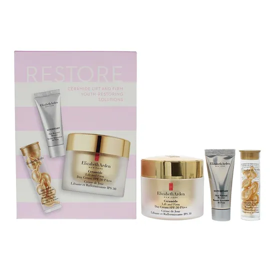 Elizabeth Arden Restore 3 Piece Gift Set: Ceramide SPF 30 Day Cream 50ml Serum Capsules 7pcs Superstart Booster 5ml