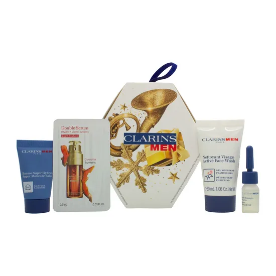 Clarins Men Gift Set 30ml Active Face Wash + 12ml Super Moisture Balm + 3ml Shave + Beard Oil