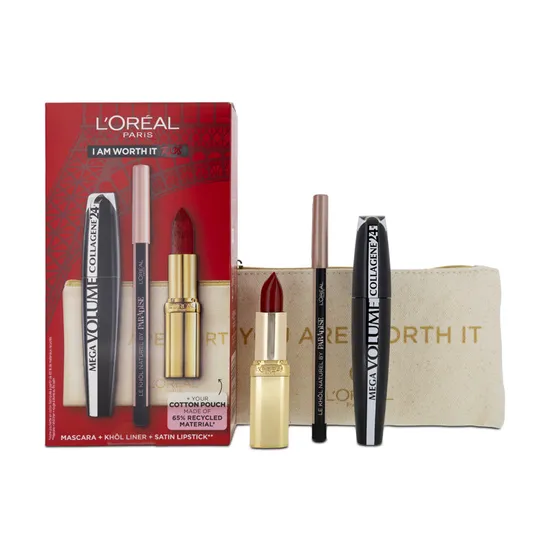 L'Oreal Paris I Am Worth It Black Mascara Eyeliner & Red Lipstick Gift Set