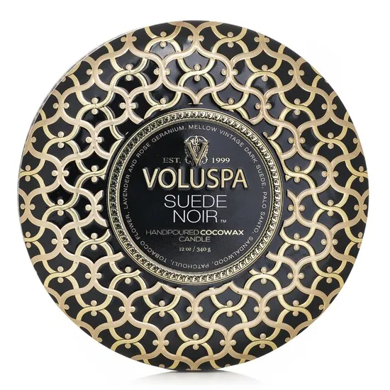 VOLUSPA 3 Wick Decorative Tin Candle Suede Noir