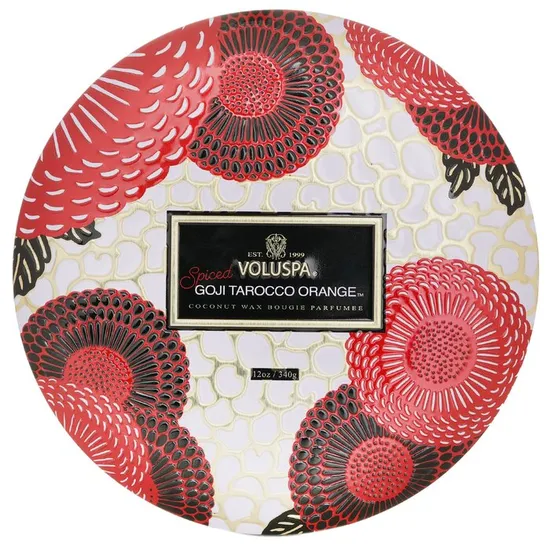 VOLUSPA 3 Wick Decorative Tin Candle Spiced Goji Tarocco Orange