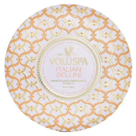 VOLUSPA 3 Wick Decorative Tin Candle Italian Bellini