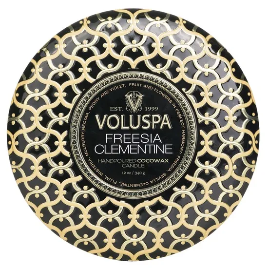 VOLUSPA 3 Wick Decorative Tin Candle Freesia Clementine