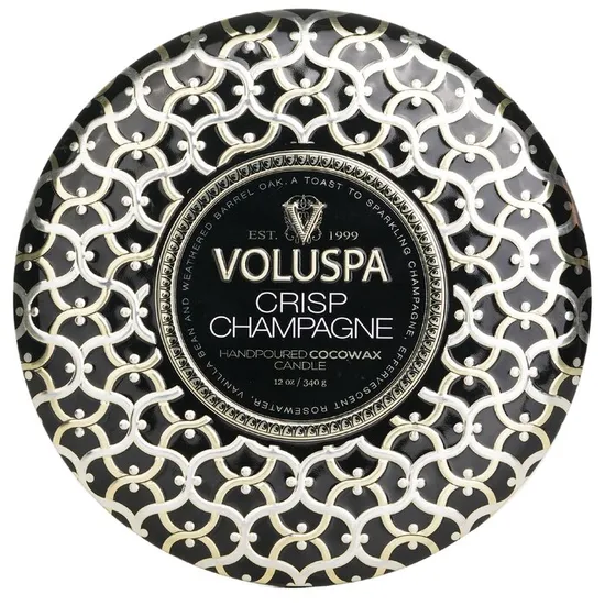 VOLUSPA 3 Wick Decorative Tin Candle Crisp Champagne