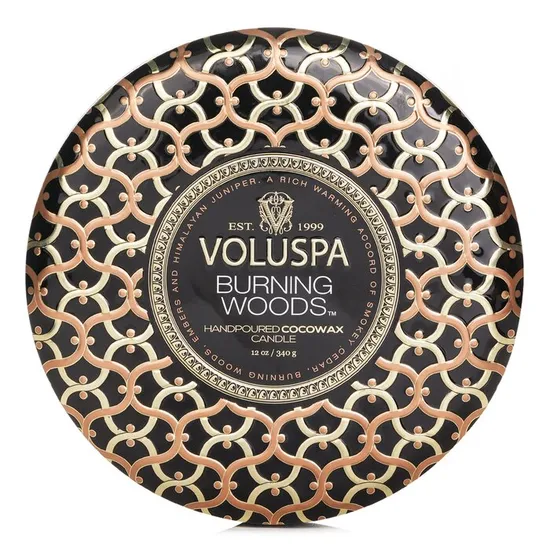 VOLUSPA 3 Wick Decorative Tin Candle Burning Woods