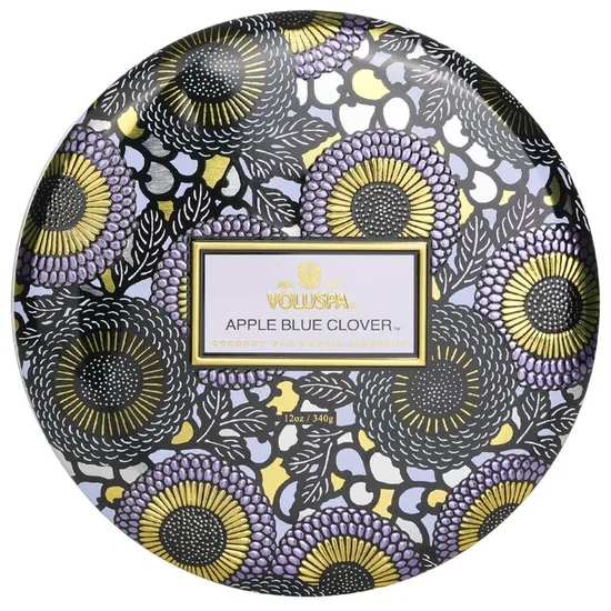 VOLUSPA 3 Wick Decorative Tin Candle Apple Blue Clover