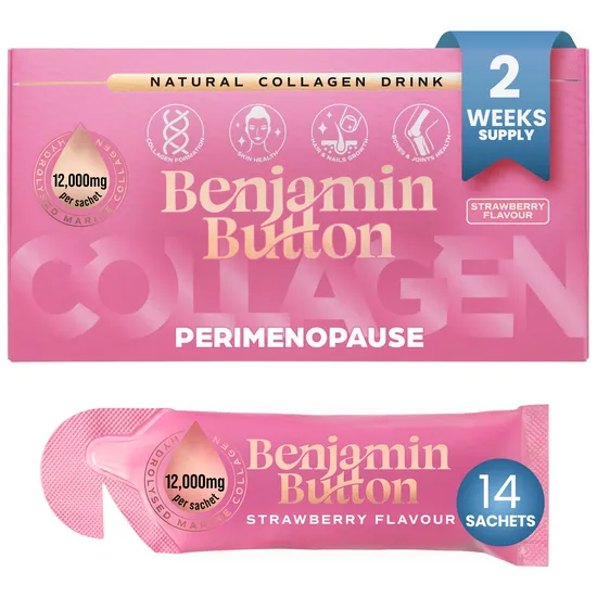 Benjamin Button Perimenopause Collagen Strawberry Sachets Pack 12, 000mg Marine Collagen With Chasteberry, Vitamins & Hyaluronic Acid