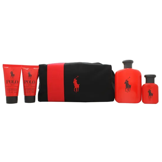 Ralph Lauren Polo Red Gift Set 125ml Eau De Toilette + 40ml Eau De Toilette + 50ml Aftershave Balm + 50ml Hair & Body Wash + Wash Bag