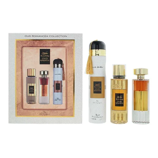 Ard Al Zaafaran Oud Romancea Eau De Parfum 100ml, Perfume Mist 250ml + Air Freshener 300ml Gift Set