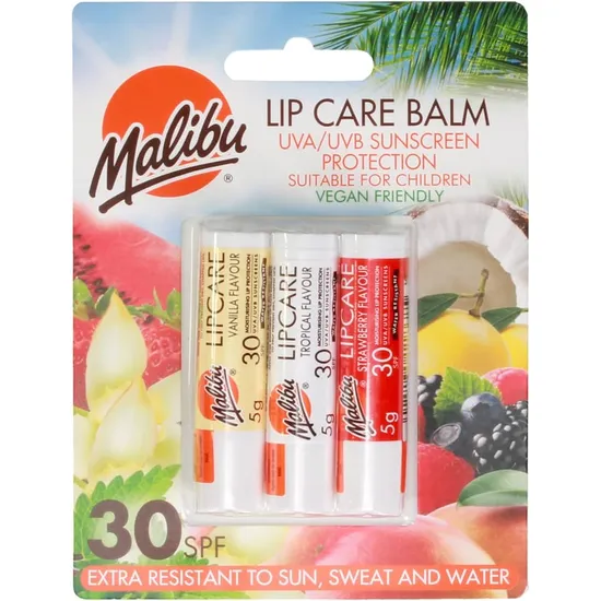 Malibu Lip Care Balm Trio Strawberry Vanilla & Tropical SPF 3