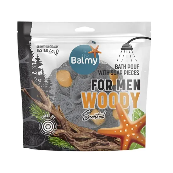 Balmy Naturel Bath Pouffe For Men With Woody Scented Soap Pieces