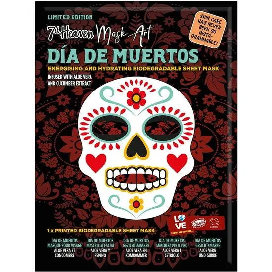 Montagne Jeunesse Mask Art Dia De Muertos Energising & Hydrating Biodegradable Sheet Mask Infused With Aloe Vera & Cucumber Extract