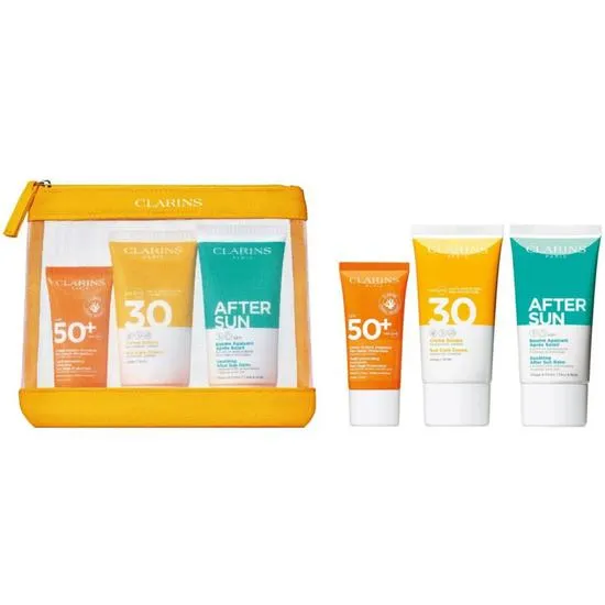 Clarins Essential Sun Care Travel Set 50ml Very High Protection Sun CreamSPF50 + 15ml Gentle Peeling + 75ml Soothing Aftersun Balm