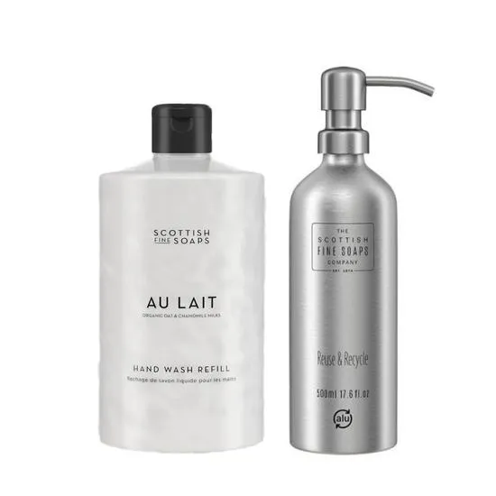 Scottish Fine Soaps Au Lait Hand Wash & Refillable Aluminium Bottle 500ml With Pump Duo