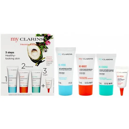 Clarins Grab & Go Set 30ml Cleansing Gel + 15ml Reboost Cream + 15ml Recharge Mask + 3ml Eye Treatment