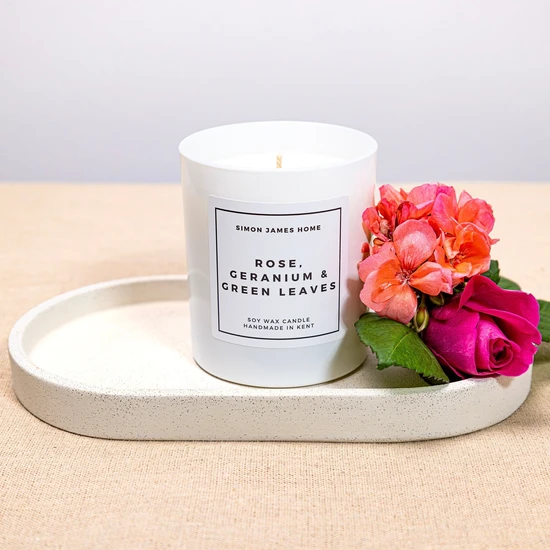 Simon James Home Rose, Geranium & Green Leaves Handmade Soy Wax Candle