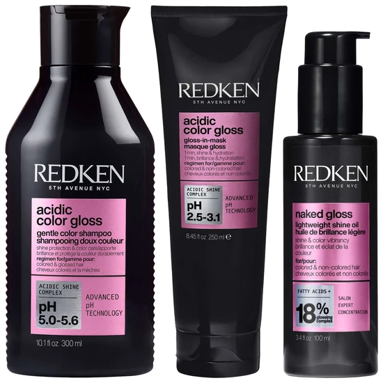 Redken Bundles Trio: Acidic Colour Gloss Shampoo, 1 Min Gloss-in-Mask & Naked Gloss