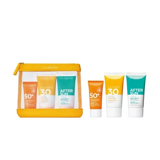 Clarins Essential Sun Care Travel Set 50ml Very High Protection Sun CreamSPF50 + 15ml Gentle Peeling + 75ml Soothing Aftersun Balm