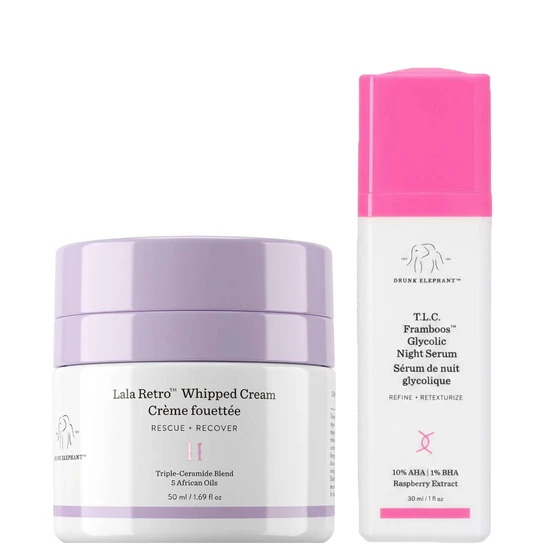 Drunk Elephant Duo: Lala Retro Whipped Cream & T.L.C. Framboos Glycolic Resurfacing Night Serum