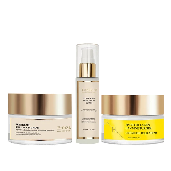 Erth Skin London Skin Repair Snail Mucin Cream + Skin Repair Snail Mucin Serum + SPF 50 Collagen Day Cream