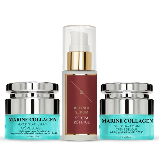 Erth Skin London Retinol Serum + Marine Collagen Night Cream + Marine Collagen SPF 50 Day Cream