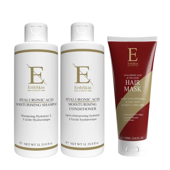 Erth Skin London Hyaluronic Acid Moisturising Shampoo + Hyaluronic Acid Moisturising Conditioner + Hyaluronic Acid & Collagen Hair Mask