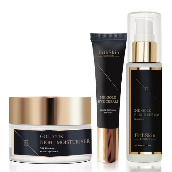 Erth Skin London Elixir Serum + 24k Gold Anti-Wrinkle Moisturiser + 24k Gold Under Eye Cream
