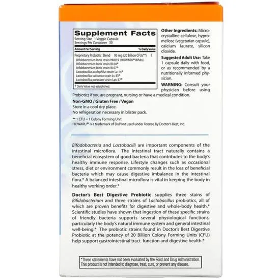 Doctor's Best Digestive Probiotic 20 Billion CFU Vegicaps 30 Vegicaps