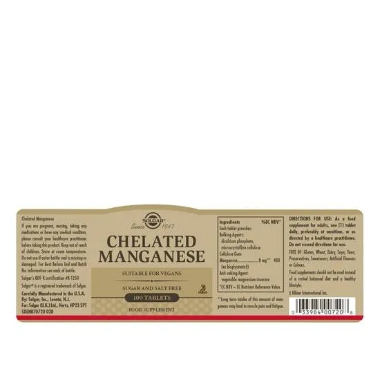 Solgar Chelated Manganese Tablets 100 Tablets