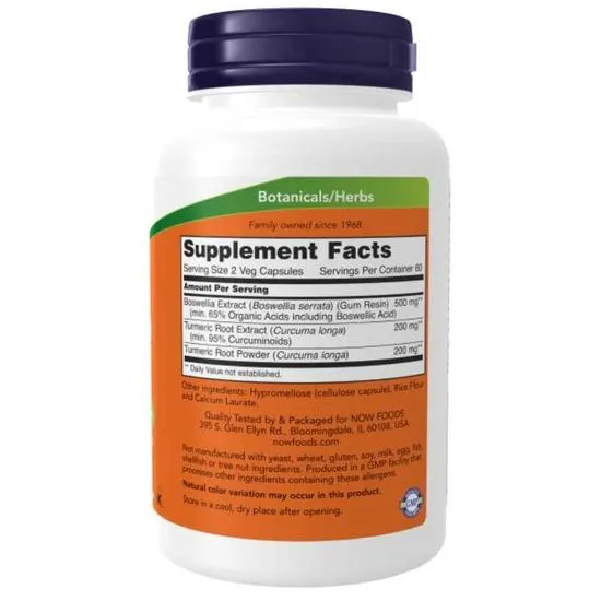 NOW Foods Boswellia Extract Plus Turmeric Root Extract 250mg Capsules 120 Capsules