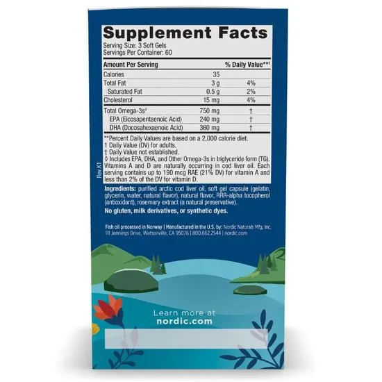 Nordic Naturals Arctic Cod Liver Oil 750mg Lemon Softgels 180 Softgels