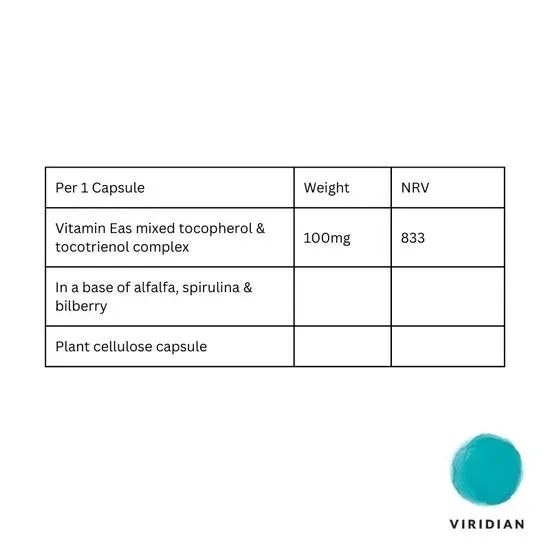 Viridian Mixed Vitamin E tocopherols/Tocotrienols Veg Capsules 60 Capsules