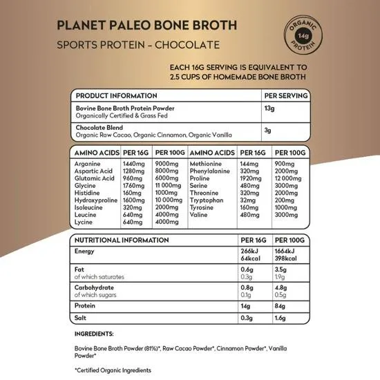 Planet Paleo Organic Bone Broth Sports Protein Chocolate 240g
