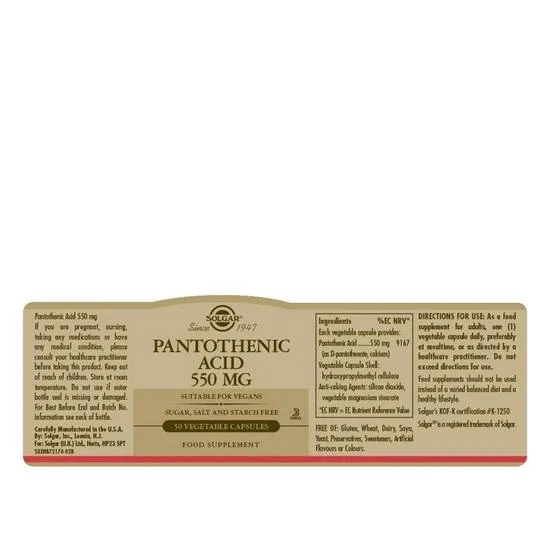 Solgar Pantothenic Acid 550mg Capsules 50 Capsules