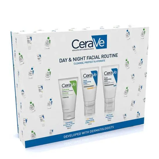 CeraVe Day & Night Facial Routine Set Hydrating Cream to Foam Cleanser + AM Facial Moisturising Lotion SPF50 + PM Facial Moisturising Lotion
