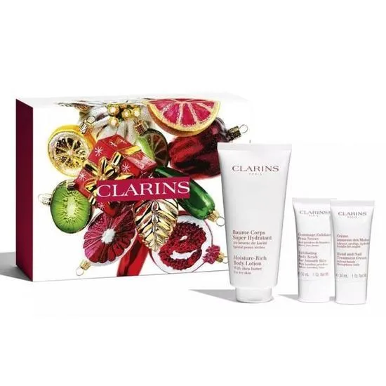 Clarins Body Care Essentials Moisture-Rich Body Lotion + Exfoliating Body Scrub + Hand & Nail Treatment Cream
