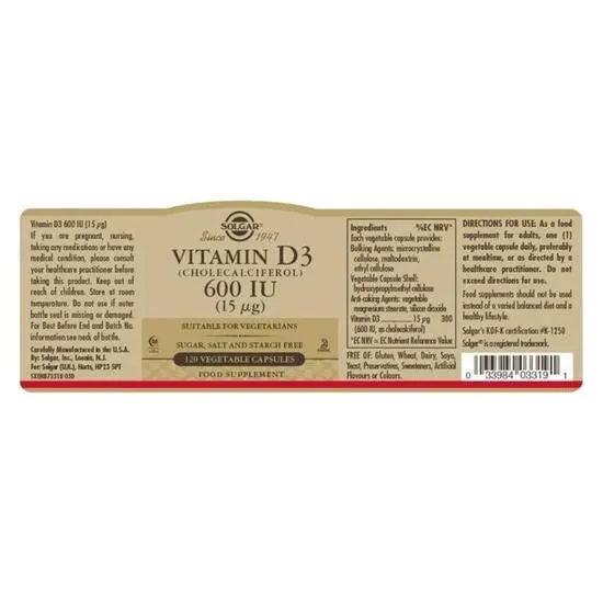 Solgar Vitamin D3 15ug 600iu Vegicaps 60 Vegicaps