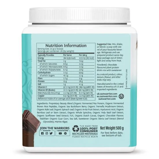 SunWarrior Collagen Building Protein Peptides Chocolate Fudge 500g