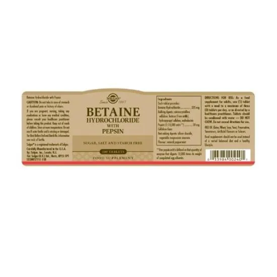 Solgar Betaine Hydrochloride With Pepsin Tablets 100 Tablets