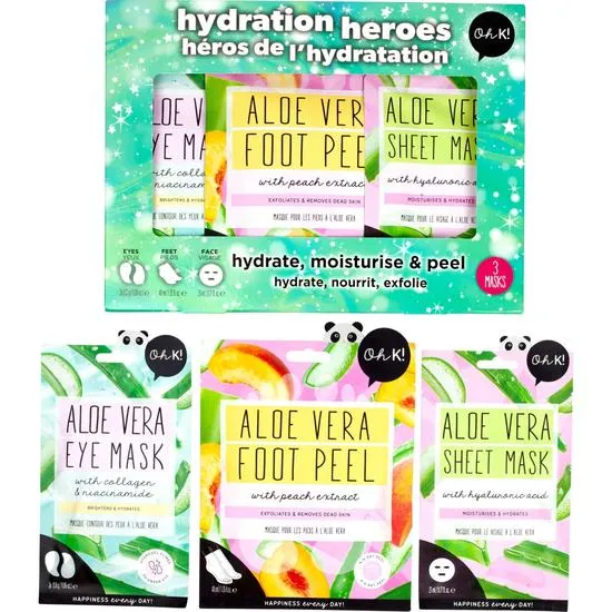 Oh k! Hydration Heroes Set Aloe Vera Sheet, Eye, & Foot Masks
