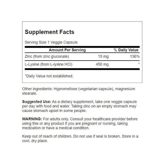 Swanson Zinc Gluconate & L-Lysine Capsules 90 Capsules