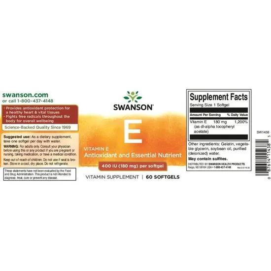 Swanson Vitamin E 400iu Softgels 60 Softgels