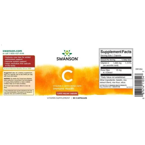 Swanson Vitamin C With Rose Hips Extract 1000mg Capsules 90 Capsules